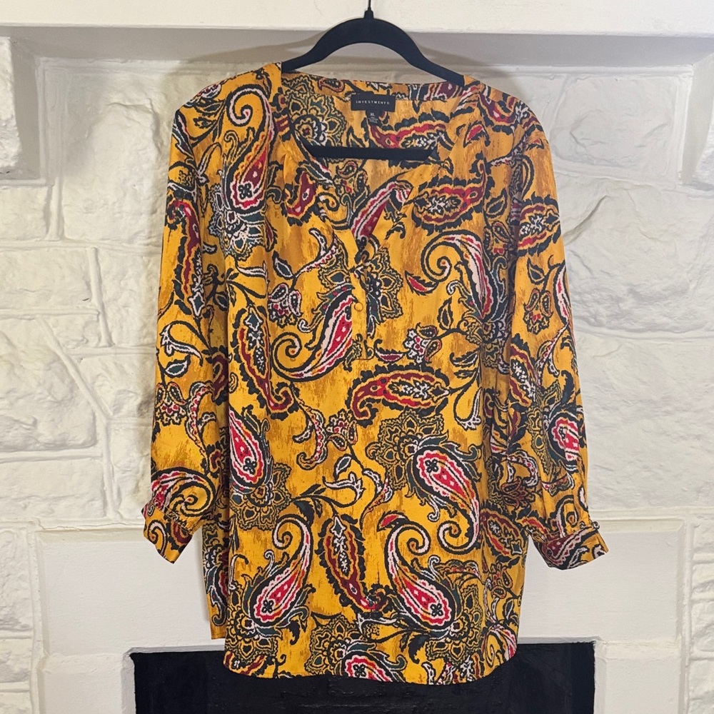 Investments Yellow Paisley Blouse with Red and Black Details